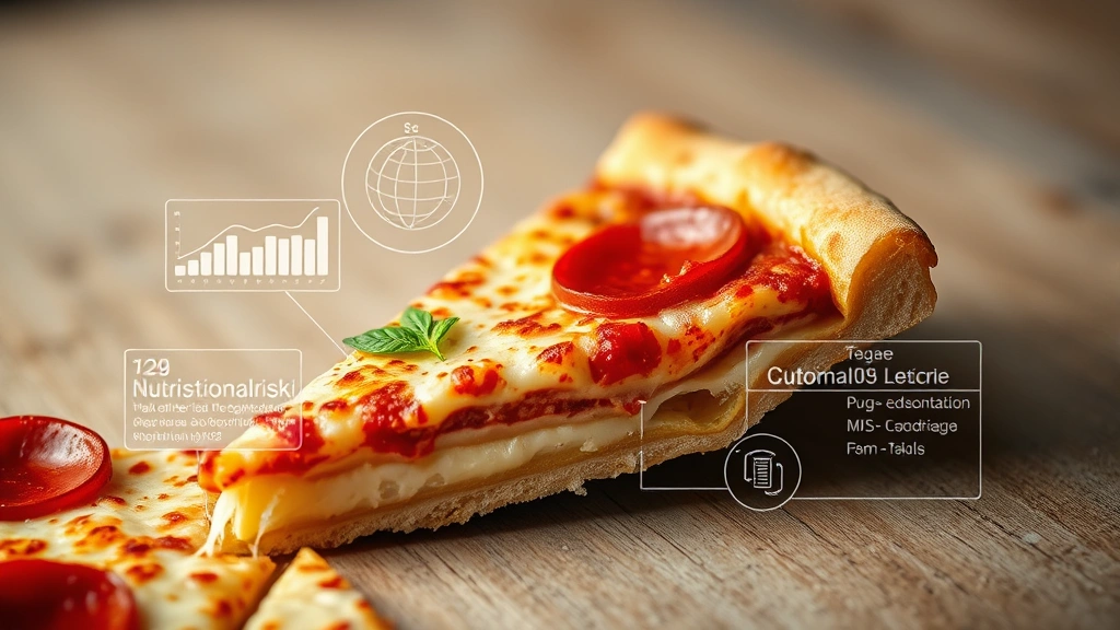Close-up of pizza slice cross-section showing layers of cheese, sauce, and crust with nutritional overlay graphics floating above, scientific food photography style, neutral background