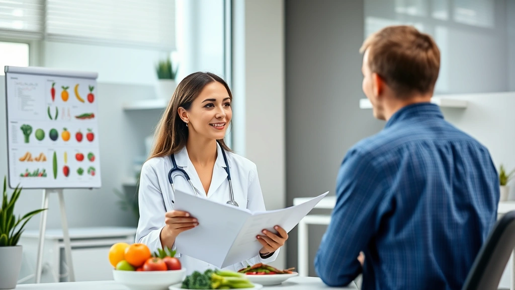 Professional female nutritionist in modern clinical setting consulting with diverse client about dietary analysis, bright healthcare office with nutrition charts and healthy food models visible, natural lighting emphasizing professional expertise