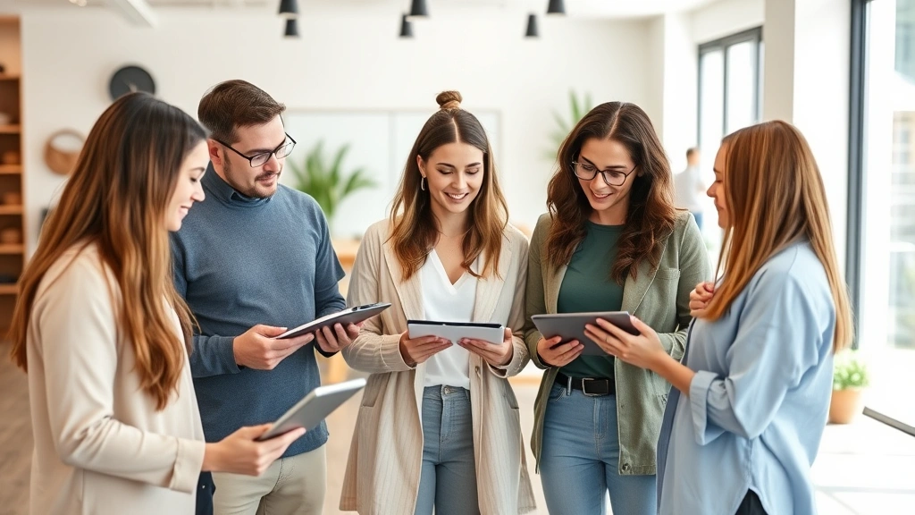 Diverse group of nutrition professionals collaborating in contemporary wellness center, reviewing nutrition science data on digital tablets and discussing meal plans with clients in background, modern minimalist design