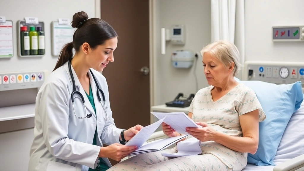 Registered Dietitian Nutritionist conducting nutrition assessment with patient in hospital clinical setting, reviewing medical charts and food intake records, professional healthcare environment with evidence-based nutrition resources