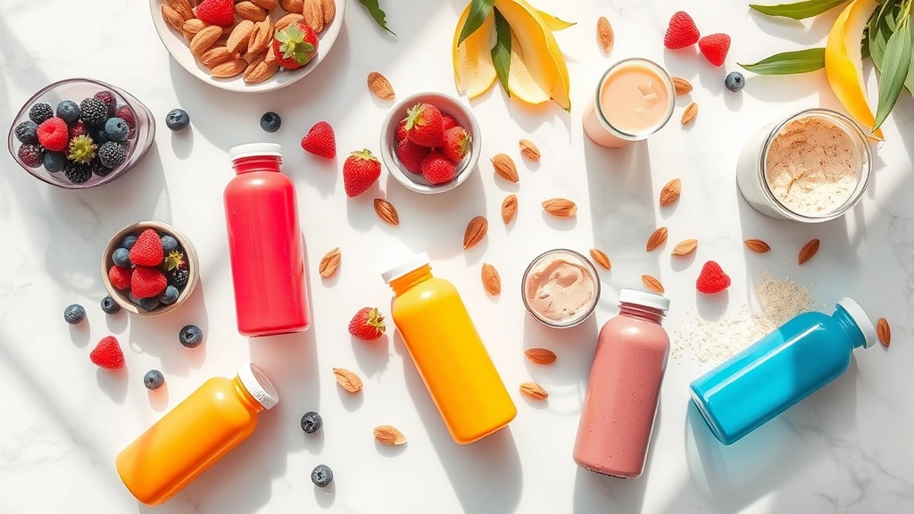 Overhead flat lay of various colorful nutrition drink bottles and shake ingredients including fresh berries, almonds, and protein powder on a clean white marble surface with natural sunlight casting soft shadows