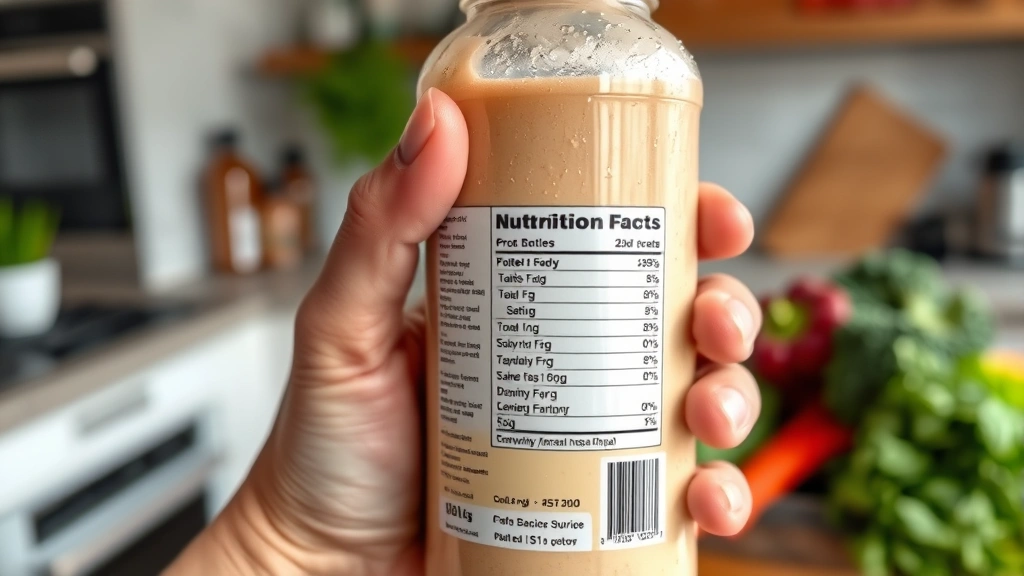 Close-up of a hand holding a protein shake bottle with condensation droplets, showing nutritional label clearly visible, modern kitchen background with fresh vegetables blurred in background