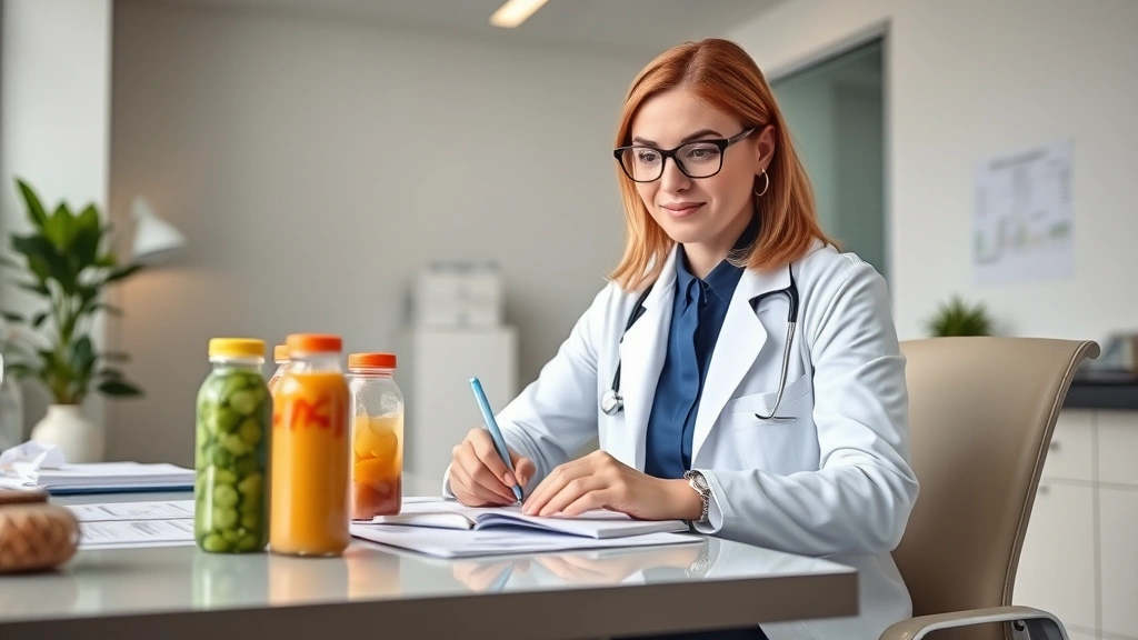 Wide shot of a registered dietitian in professional attire reviewing nutrition drink products and taking notes at a desk with charts and nutritional data visible, modern clinical office setting