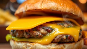 Close-up macro photography of melted American cheese slice on a gourmet burger patty with steam rising, shallow depth of field, natural restaurant lighting, professional food photography style, no text visible