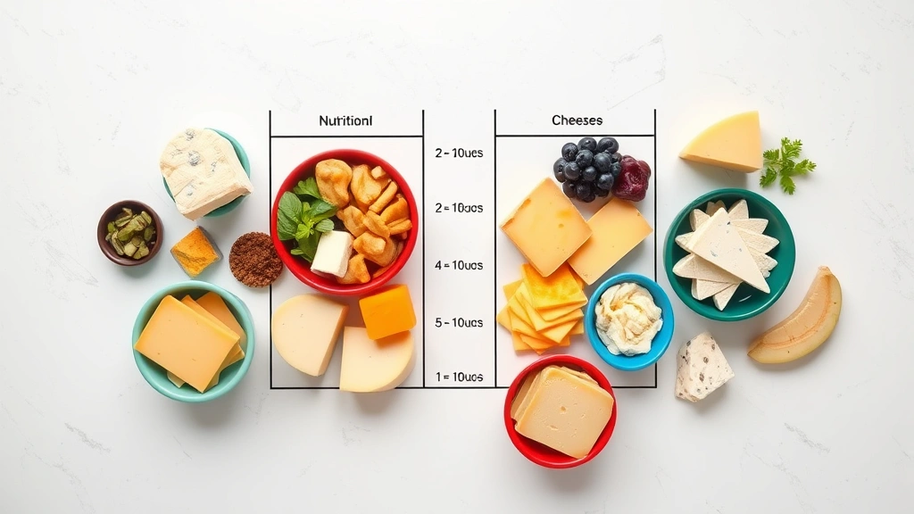 Overhead flat lay of nutritional comparison chart showing various cheese types arranged in colorful bowls, professional dietary education aesthetic, natural daylight illumination, clean minimalist composition, no labels or text