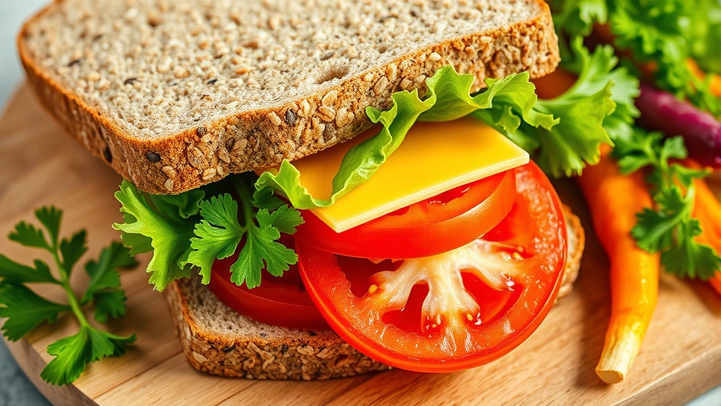 Vibrant food photography of healthy sandwich ingredients artfully arranged - whole grain bread, fresh lettuce, tomato slices, single American cheese slice, alongside colorful vegetables, bright natural lighting, editorial food styling