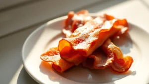 Close-up photograph of crispy bacon strips arranged on white ceramic plate, morning sunlight streaming across, shallow depth of field focusing on texture and golden-brown edges, minimalist composition with soft shadows