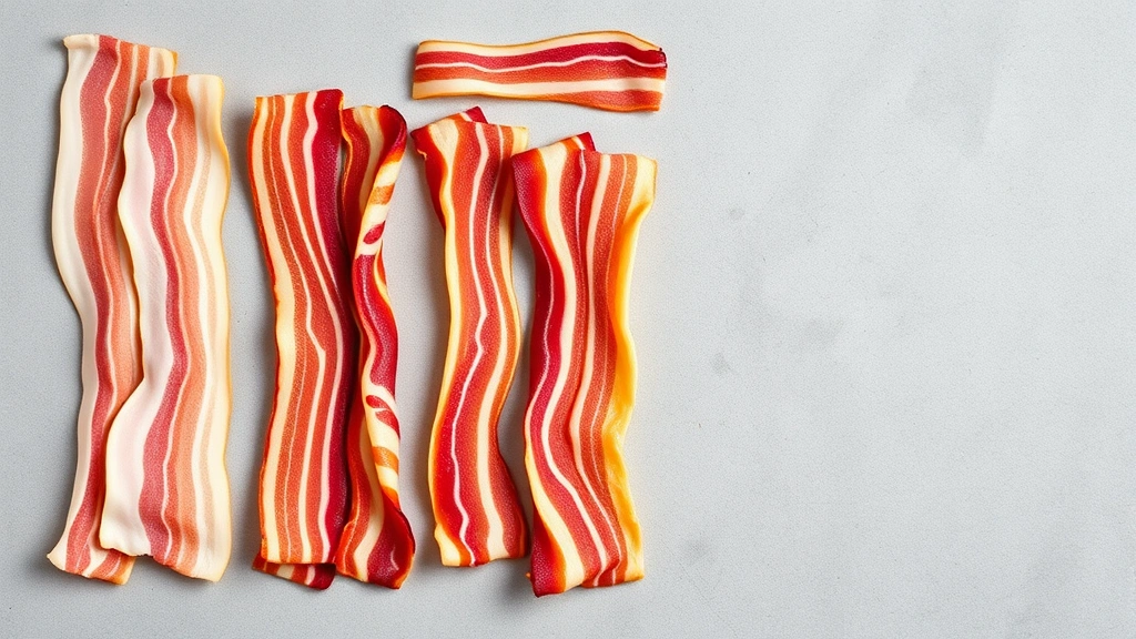 Overhead flat lay of various bacon types arranged on neutral background: pork bacon, turkey bacon, Canadian bacon, and plant-based alternatives, clean professional styling, natural lighting highlighting color variations and texture differences
