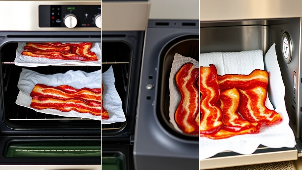 Split-screen composition showing bacon cooking in different methods: oven-baked on parchment paper, air fryer basket with rendered fat visible, and microwave-cooked between paper towels, professional kitchen lighting, educational clarity