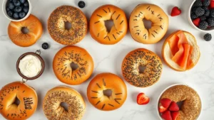 Professional overhead flat lay of various Einstein Bros bagel varieties arranged on marble countertop with fresh ingredients like cream cheese, lox, and fresh berries, natural daylight photography, minimalist food styling
