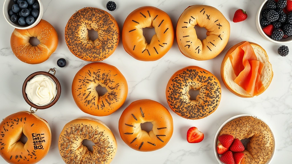 Professional overhead flat lay of various Einstein Bros bagel varieties arranged on marble countertop with fresh ingredients like cream cheese, lox, and fresh berries, natural daylight photography, minimalist food styling