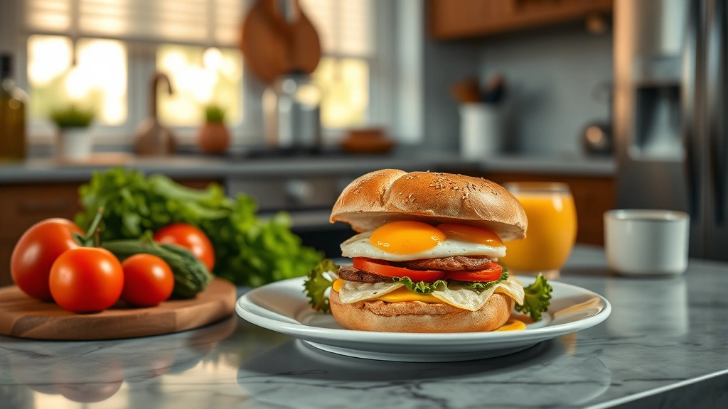 Modern kitchen nutrition scene showing a bagel breakfast sandwich assembly with eggs, cheese, and vegetables on a contemporary plate, healthy breakfast composition photography, warm natural lighting