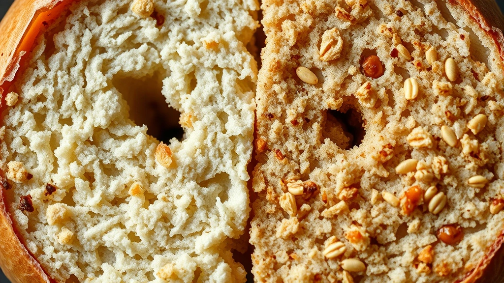 Detailed macro photography of bagel cross-section showing texture and crumb structure, highlighting whole grain versus refined varieties side by side, scientific food documentation style, professional lighting