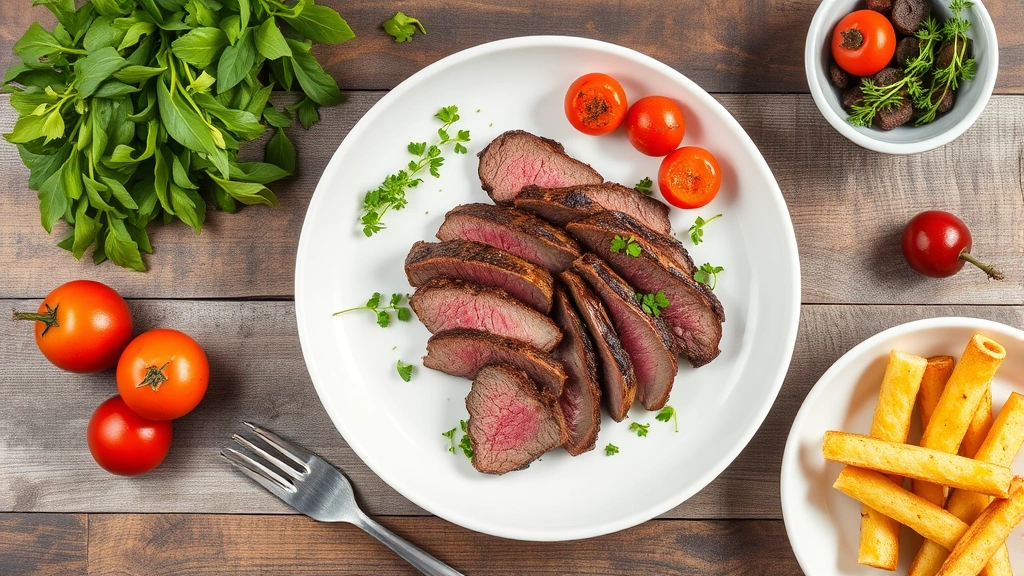 Overhead flat-lay composition showing cooked sliced flank steak arranged on white ceramic plate with roasted vegetables and microgreens, natural daylight illumination, vibrant colors emphasizing nutritious meal preparation