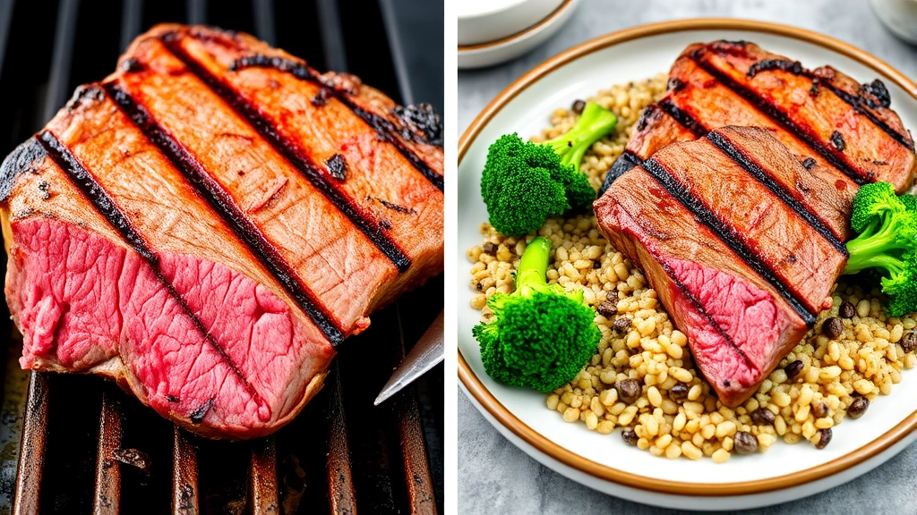 Split-screen comparison visual: left side shows grilled flank steak cross-section displaying pink interior and caramelized exterior, right side shows prepared flank steak meal with quinoa and steamed broccoli, professional food styling, appetizing presentation