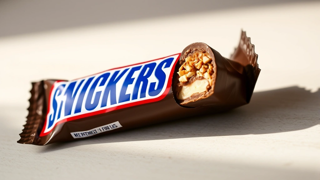 Close-up photograph of unwrapped fun size Snickers bar showing chocolate coating, caramel layer, and peanuts, on neutral background with soft natural lighting