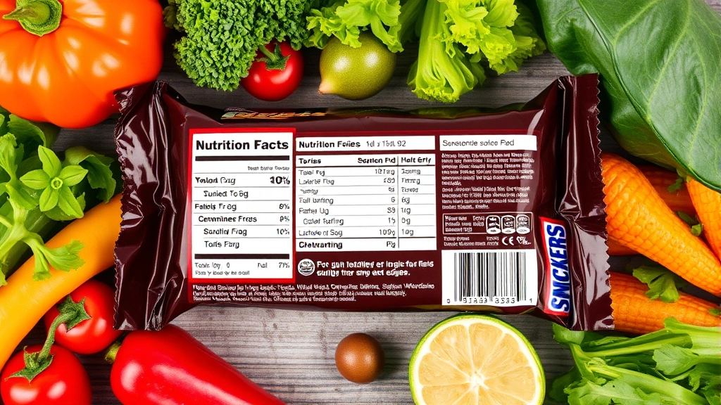 Overhead view of nutrition label on fun size Snickers package with calorie count clearly visible, surrounded by fresh vegetables and healthy foods for contrast