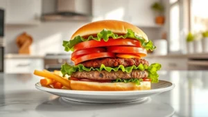 Professional food photographer capturing a colorful In-N-Out burger with fresh lettuce, tomato, and beef patties on a modern minimalist plate against a clean white kitchen background, natural daylight streaming through windows, photorealistic style, shallow depth of field