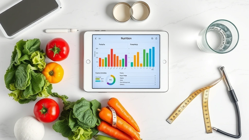 Overhead shot of a nutritionist's desk with a tablet displaying nutrition charts and macronutrient graphs, fresh vegetables, measuring tape, and a glass of water, modern wellness aesthetic, professional healthcare environment, photorealistic photography
