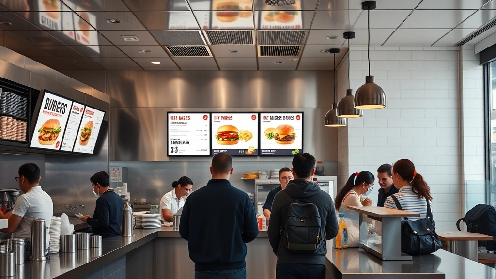 Professional fast-casual restaurant counter interior with stainless steel equipment, bright LED menu boards displaying burger items, customers ordering at counter, modern minimalist design, daytime natural lighting