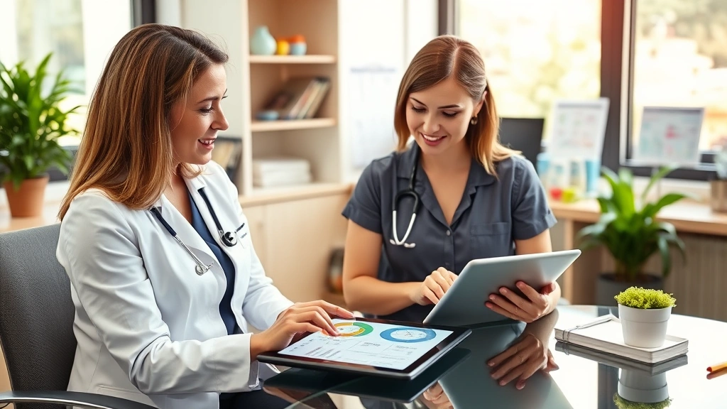 Registered dietitian nutritionist reviewing nutrition data and meal planning on digital tablet in professional office, healthy eating resources and charts visible, warm natural window lighting, clinical setting