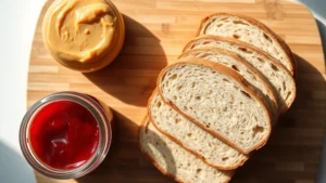 Close-up overhead shot of ingredients for peanut butter and jelly sandwich: jar of creamy peanut butter, glass jar of ruby red jelly, slices of whole wheat bread arranged on wooden cutting board, natural lighting from window creating soft shadows on ingredients, minimalist food styling