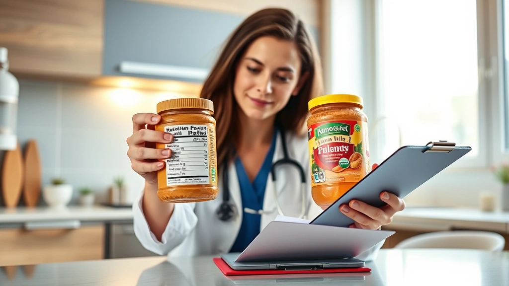 Nutritionist or dietitian at modern kitchen counter examining nutrition label on peanut butter jar, holding jar up to light, clipboard with notes visible nearby, professional healthcare setting, warm natural lighting, focused expression studying product information