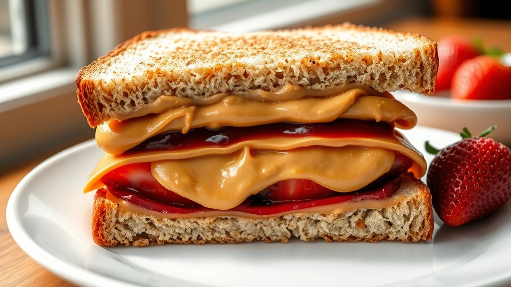 Beautifully arranged PB&J sandwich cross-section on white ceramic plate showing layers of whole grain bread, creamy peanut butter spread, bright jelly filling, fresh strawberry slices visible, professional food photography with shallow depth of field, natural window lighting
