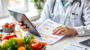 Professional dietitian reviewing fast-food nutrition documentation at desk with tablet and fresh vegetables visible, analytical workspace setting, natural lighting