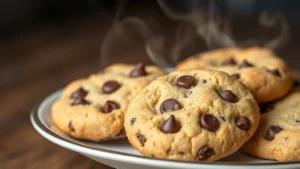 Close-up of freshly baked warm cookies on a plate with steam rising, showing chocolate chips and golden-brown texture, professional bakery photography style, natural lighting, no packaging or text visible