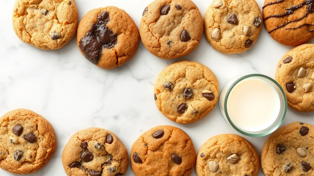 Flat lay composition of various cookie varieties arranged on marble surface with glass of cold milk, diverse cookie colors and textures visible, soft natural daylight, minimalist food styling