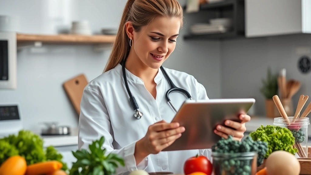 Nutritionist reviewing nutrition labels and food data on tablet device while surrounded by fresh ingredients and measurement tools, modern kitchen setting, professional healthcare imagery, focused analytical expression