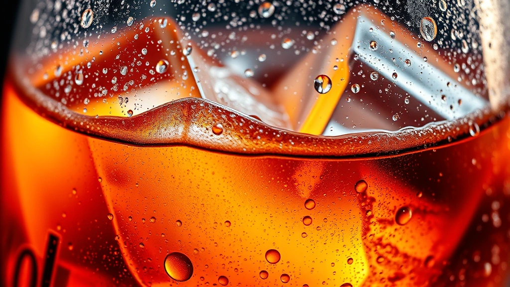 Close-up of a condensation-covered glass bottle of cola with ice cubes, warm studio lighting, water droplets glistening on surface, professional product photography style