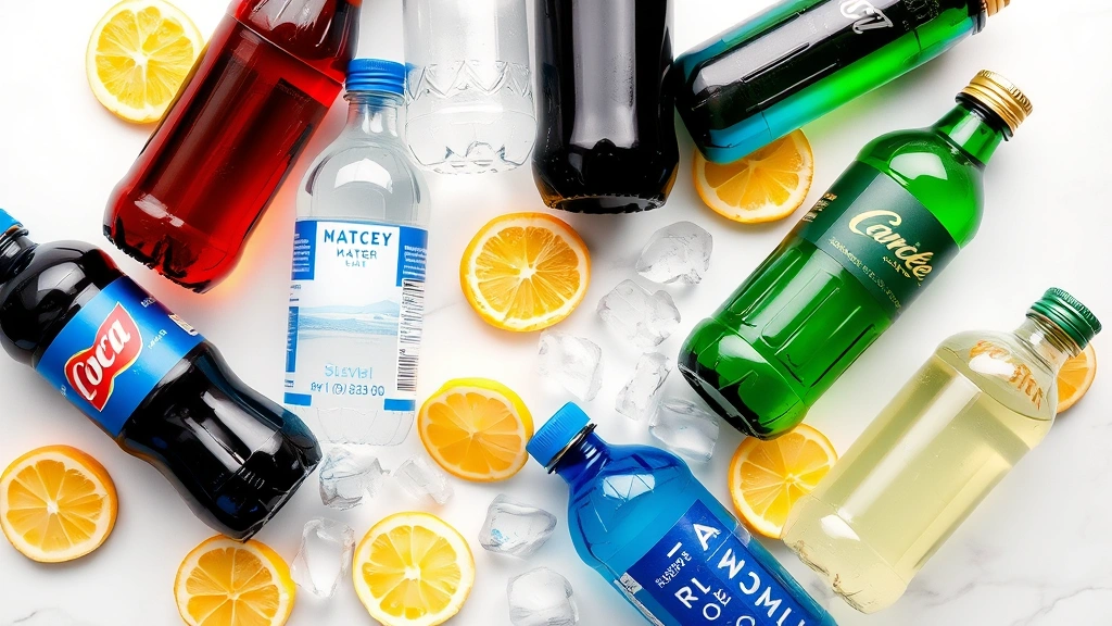 Flat lay arrangement of various beverage bottles including cola, water, tea, and sparkling water on light marble surface with fresh lemon slices and ice cubes scattered around