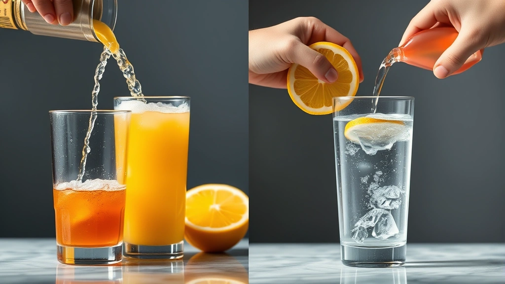 Split-screen comparison showing sugary beverage being poured into glass on one side, fresh water with lemon being poured on other side, clear liquid, professional lighting, clean aesthetic
