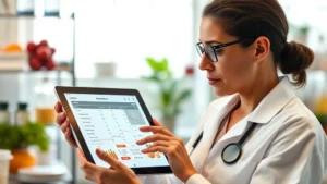 Professional nutritionist reviewing digital nutrition label on tablet screen, modern lab setting, natural lighting, focused expression analyzing data