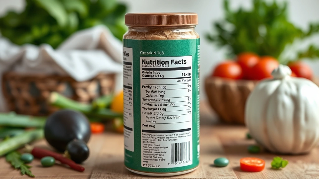 Close-up of food product with detailed nutrition facts label visible, fresh ingredients in background, professional food photography styling, clean workspace