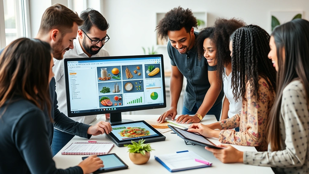 Diverse team collaborating around digital nutrition software interface, discussing recipe formulations, tablets and notebooks on workspace, bright office environment
