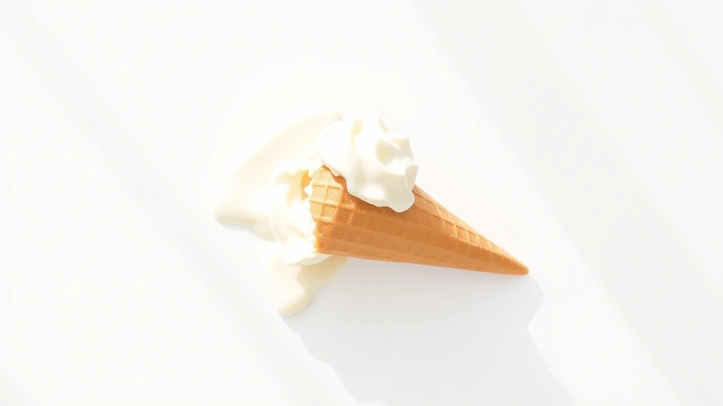 Overhead shot of McDonald's vanilla ice cream cone melting slightly on a minimalist white surface with soft natural lighting, showing cone texture and ice cream details