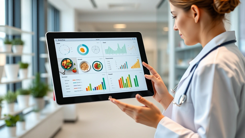 Nutritionist in modern clinic reviewing digital tablet displaying nutrition data charts and graphs, professional healthcare setting with wellness focus