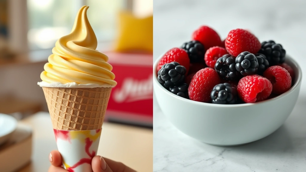 Split-screen comparison showing McDonald's ice cream cone on one side and fresh berries in a bowl on the other side, depicting dietary choices and alternatives