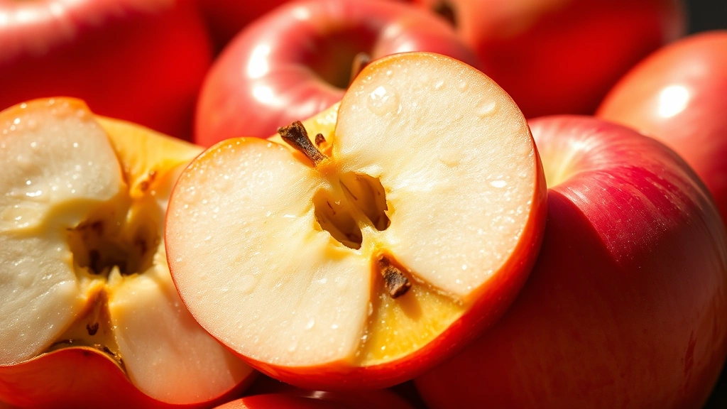 Close-up of fresh red-orange Gala apples in natural sunlight, whole and halved showing crisp white flesh, water droplets visible, photorealistic detail, shallow depth of field