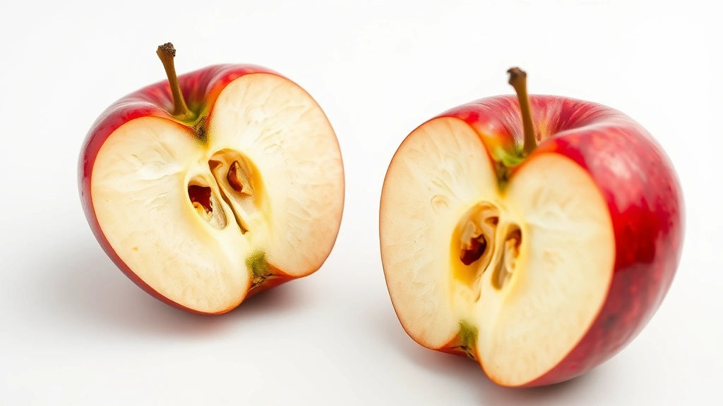 Vibrant cross-section of Gala apple displaying internal structure and seeds, against clean white background, professional food photography lighting, sharp focus