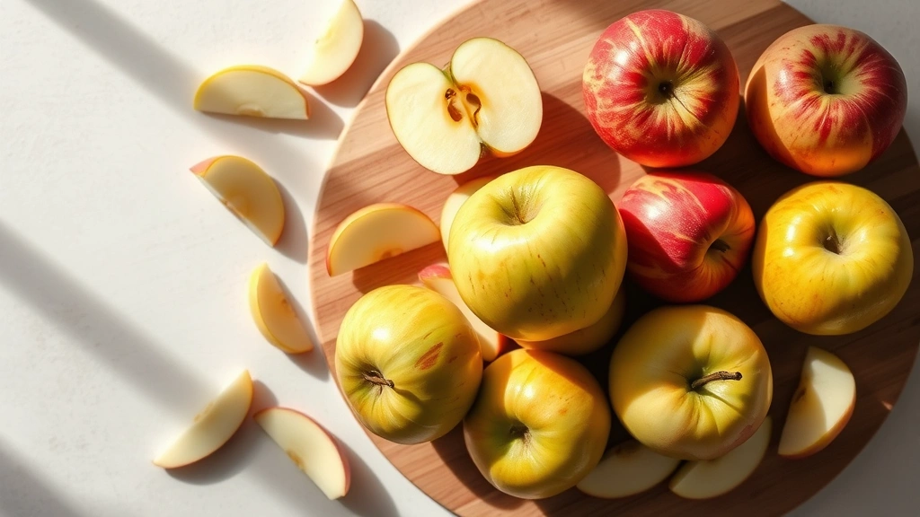 Overhead flat lay arrangement of fresh Gala apples with scattered apple slices, wooden cutting board, and soft natural morning light creating shadows, photorealistic styling