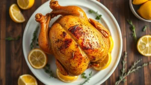 Close-up overhead view of golden rotisserie chicken on white ceramic plate with fresh lemon wedges and herbs scattered around, professional food photography lighting, shallow depth of field, vibrant warm tones