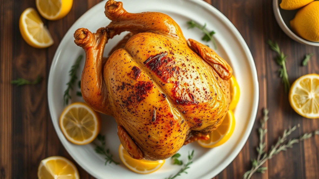 Close-up overhead view of golden rotisserie chicken on white ceramic plate with fresh lemon wedges and herbs scattered around, professional food photography lighting, shallow depth of field, vibrant warm tones