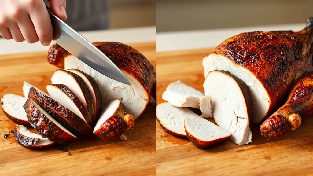 Split-screen comparison showing rotisserie chicken being carved into dark and white meat portions on wooden cutting board with sharp knife, natural kitchen lighting, detailed texture visible on cooked skin