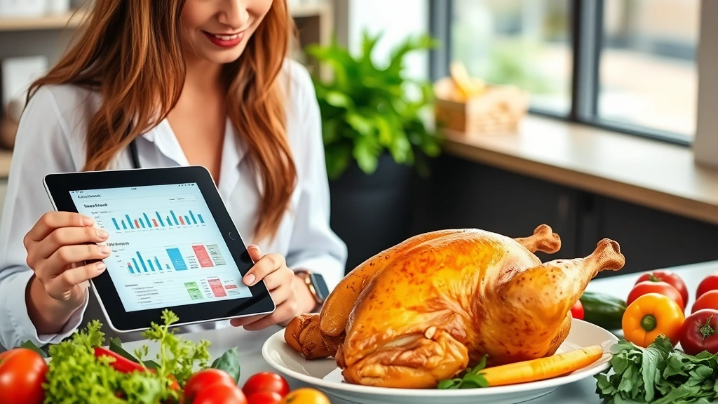 Nutritionist or dietitian reviewing food composition data on tablet while fresh rotisserie chicken sits on desk beside colorful vegetables, modern office setting, professional health-focused atmosphere