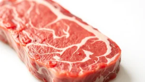 Close-up of raw beef steak showing marbling patterns and texture, professional food photography with natural lighting, vibrant red meat tones, shallow depth of field, clean white background