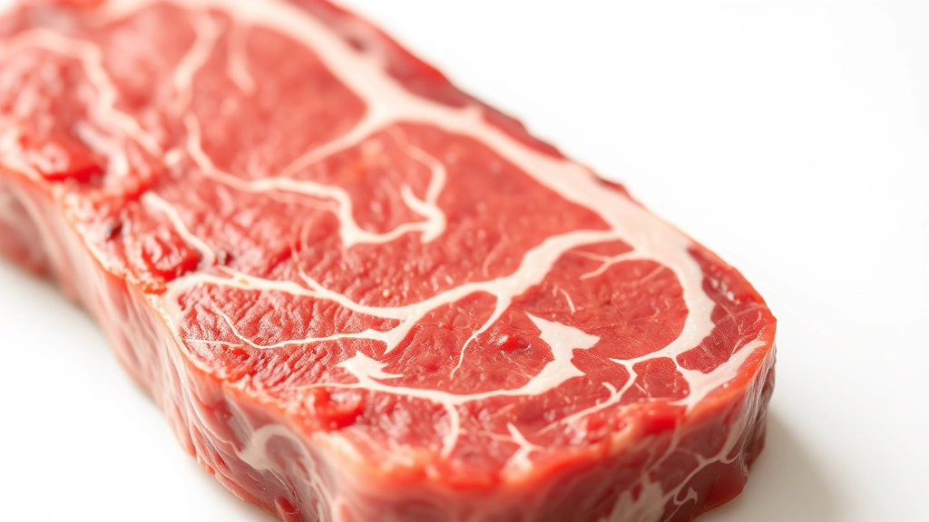 Close-up of raw beef steak showing marbling patterns and texture, professional food photography with natural lighting, vibrant red meat tones, shallow depth of field, clean white background
